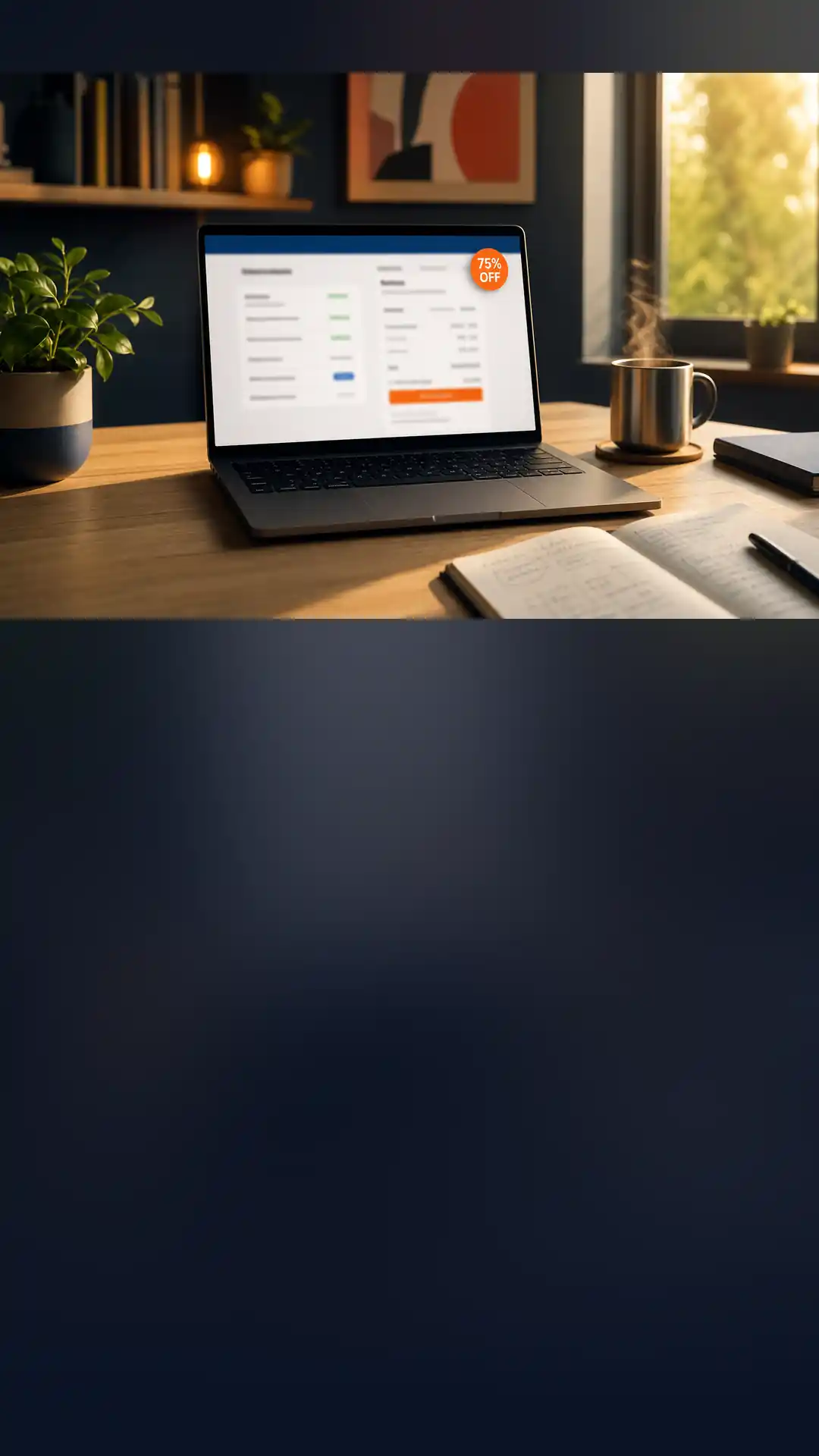 Modern desk with laptop showing Hostinger checkout and 75% off discount badge