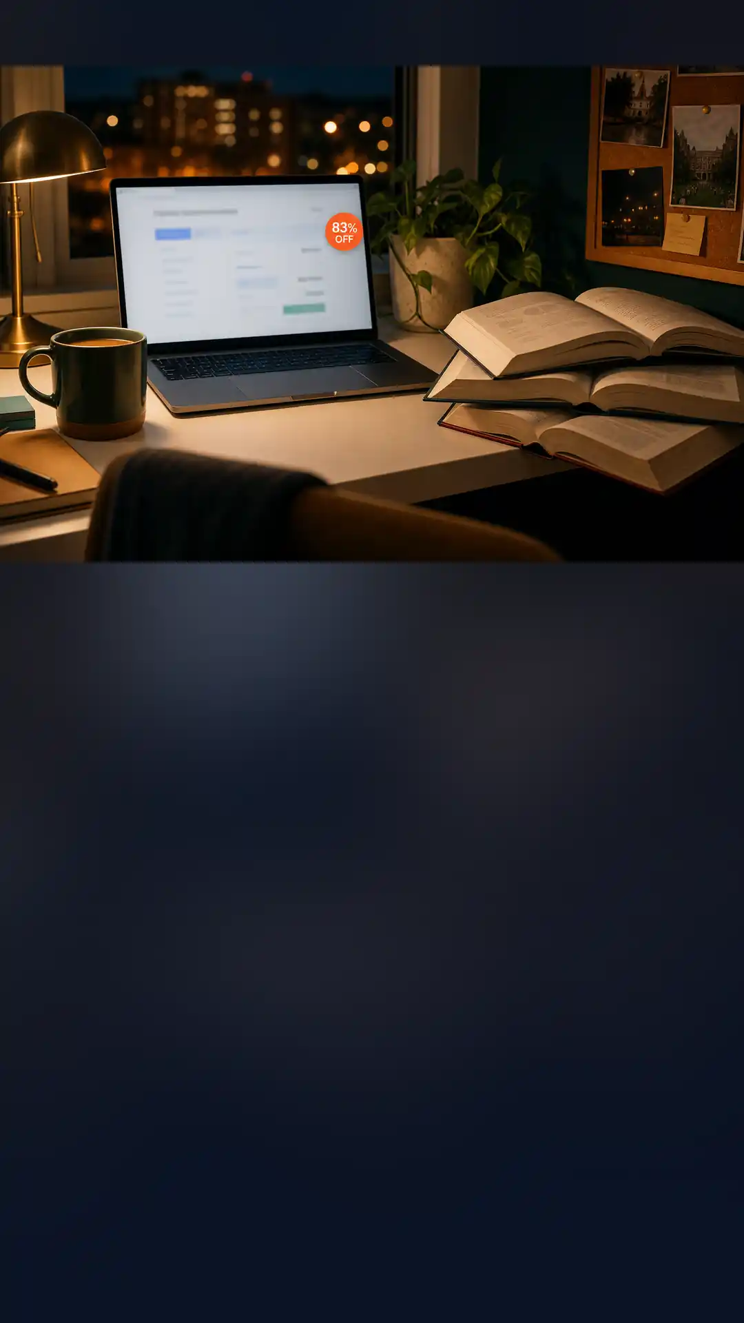 Cozy student dorm desk at night with laptop showing a checkout page and an 83 percent off badge, textbooks and a coffee mug nearby